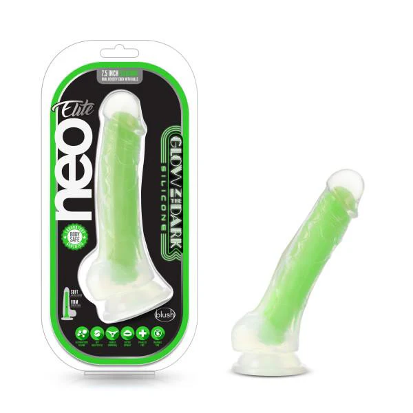 Blush Neo Elite GLOW in the Dark 7.5 Inch with Balls Silicone Dual Density Suction Cup Dildo - Image 5